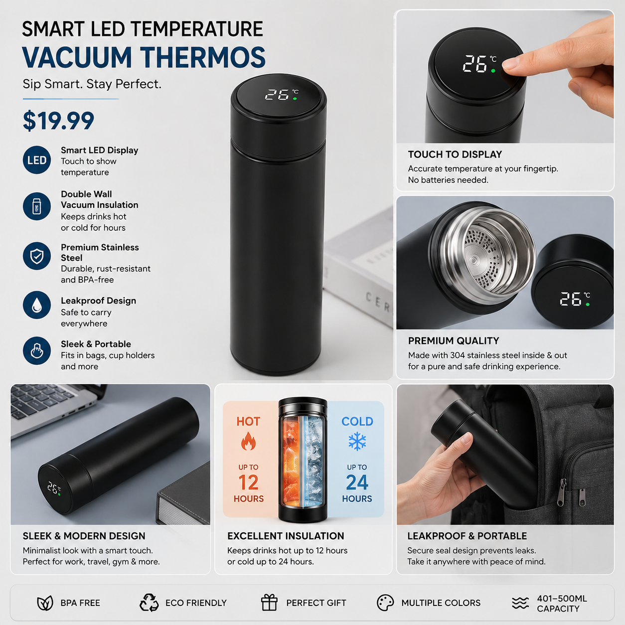 Smart LED Temperature Vacuum Thermos