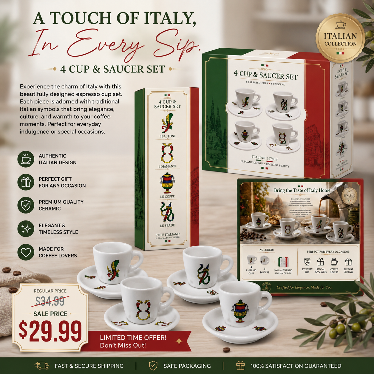4 Cup & Saucer Espresso Set