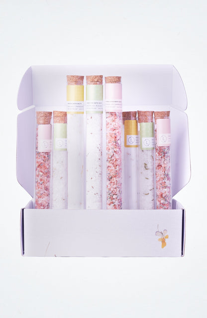 Natural Bath Salts Gift set in 8 Glass Tubes, Luxurious Bath Experience