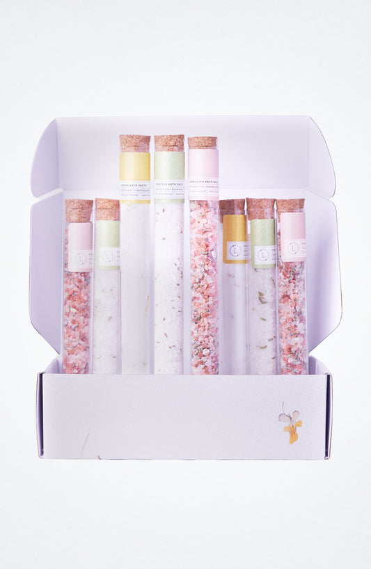 Natural Bath Salts Gift set in 8 Glass Tubes, Luxurious Bath Experience
