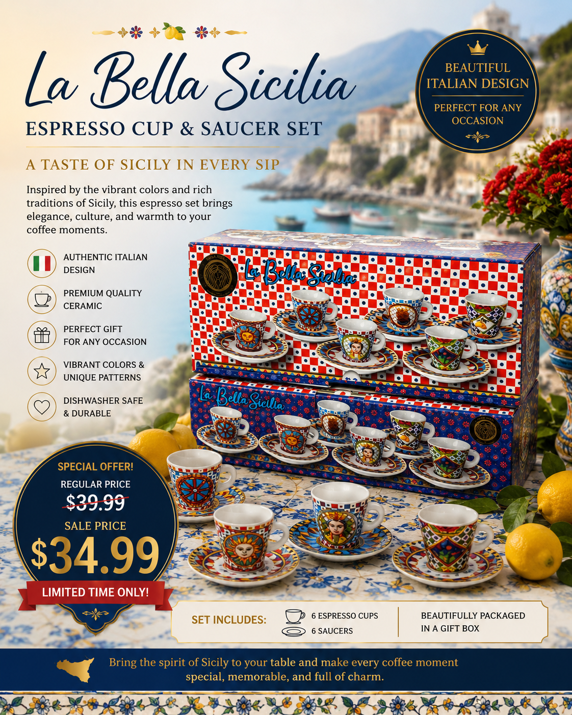 “La Bella Sicilia” Espresso Cup & Saucer Set